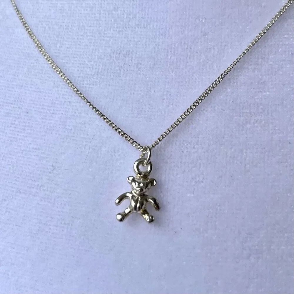 Premier Designs Silver Teddy Bear Charm Necklace Long Chain Whimsical Minimal